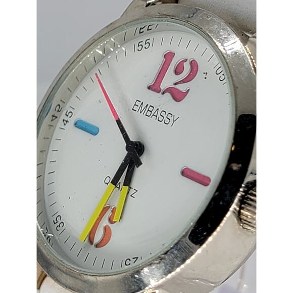 Embassy Quartz Watch with White Leather Strap and Multi-Color Dial Markers main image 3